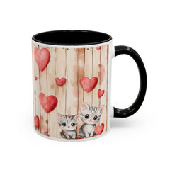 Watercolor Hearts and Kittens Accent Coffee Mug , Cute Cat Love Design,Valentine Gift