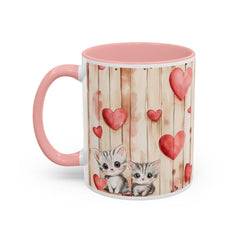 Watercolor Hearts and Kittens Accent Coffee Mug , Cute Cat Love Design,Valentine Gift