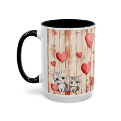 Watercolor Hearts and Kittens Accent Coffee Mug , Cute Cat Love Design,Valentine Gift