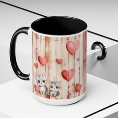 Watercolor Hearts and Kittens Accent Coffee Mug , Cute Cat Love Design,Valentine Gift