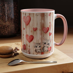 Watercolor Hearts and Kittens Accent Coffee Mug , Cute Cat Love Design,Valentine Gift