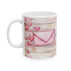 Pink Watercolor Hearts Mug , Rustic Wood Background Ceramic Mug , Valentines Day Love Letter Mug Romantic Gift for Her