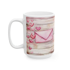 Pink Watercolor Hearts Mug , Rustic Wood Background Ceramic Mug , Valentines Day Love Letter Mug Romantic Gift for Her