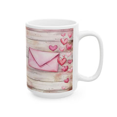 Pink Watercolor Hearts Mug , Rustic Wood Background Ceramic Mug , Valentines Day Love Letter Mug Romantic Gift for Her