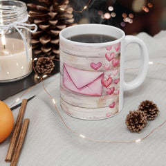 Pink Watercolor Hearts Mug , Rustic Wood Background Ceramic Mug , Valentines Day Love Letter Mug Romantic Gift for Her