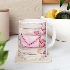 Pink Watercolor Hearts Mug , Rustic Wood Background Ceramic Mug , Valentines Day Love Letter Mug Romantic Gift for Her