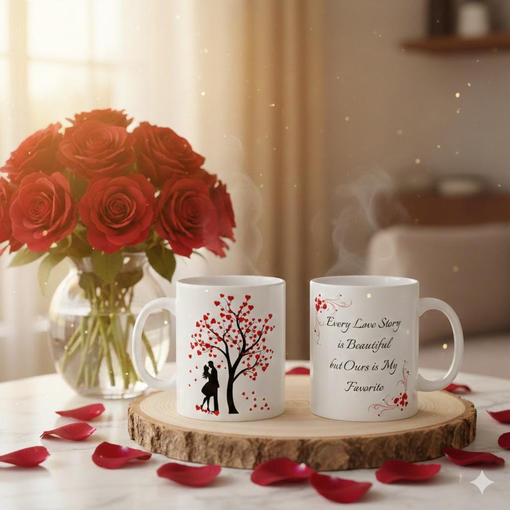 Romantic Silhouette with Heart Tree Mug , Valentine Love Coffee Cup,Valentine Mug  Romantic , Anniversary  Gift for Him Her, Single Mug