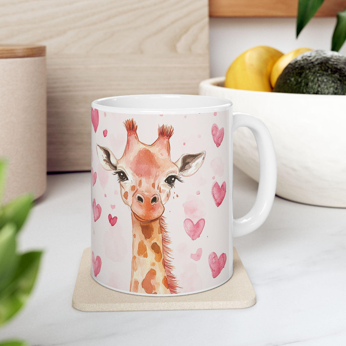 Watercolor Giraffe with Pink Hearts Mug ,Romantic Cupid Coffee Cup, Anniversary Celebration Gift, Artistic Aesthetic Tea Cup