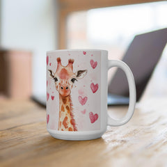 Watercolor Giraffe with Pink Hearts Mug ,Romantic Cupid Coffee Cup, Anniversary Celebration Gift, Artistic Aesthetic Tea Cup