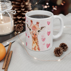 Watercolor Giraffe with Pink Hearts Mug ,Romantic Cupid Coffee Cup, Anniversary Celebration Gift, Artistic Aesthetic Tea Cup