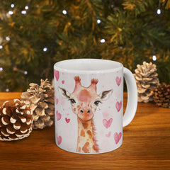 Watercolor Giraffe with Pink Hearts Mug ,Romantic Cupid Coffee Cup, Anniversary Celebration Gift, Artistic Aesthetic Tea Cup