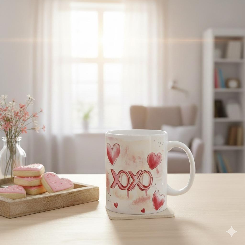 Watercolor Hearts XO Mug ,Valentine Romance Ceramic Mug,XOXO Coffee Mug with Hearts ,Valentines Day Gift