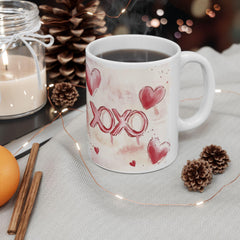 Watercolor Hearts XO Mug ,Valentine Romance Ceramic Mug,XOXO Coffee Mug with Hearts ,Valentines Day Gift