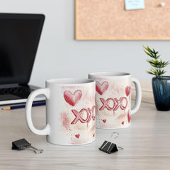 Watercolor Hearts XO Mug ,Valentine Romance Ceramic Mug,XOXO Coffee Mug with Hearts ,Valentines Day Gift