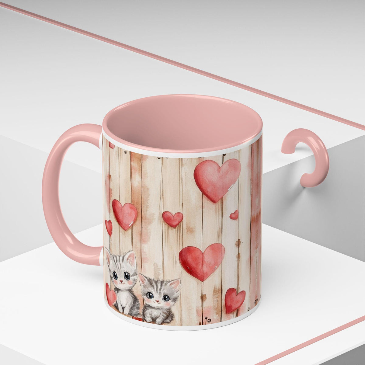 Watercolor Hearts and Kittens Accent Coffee Mug , Cute Cat Love Design,Valentine Gift