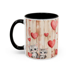 Watercolor Hearts and Kittens Accent Coffee Mug , Cute Cat Love Design,Valentine Gift