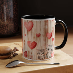 Watercolor Hearts and Kittens Accent Coffee Mug , Cute Cat Love Design,Valentine Gift