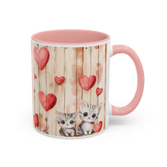 Watercolor Hearts and Kittens Accent Coffee Mug , Cute Cat Love Design,Valentine Gift