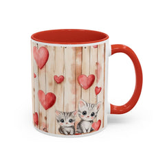 Watercolor Hearts and Kittens Accent Coffee Mug , Cute Cat Love Design,Valentine Gift