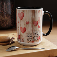 Watercolor Hearts and Kittens Accent Coffee Mug , Cute Cat Love Design,Valentine Gift