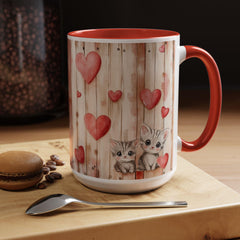 Watercolor Hearts and Kittens Accent Coffee Mug , Cute Cat Love Design,Valentine Gift
