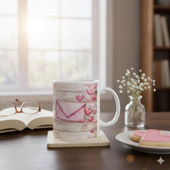 Pink Watercolor Hearts Mug , Rustic Wood Background Ceramic Mug , Valentines Day Love Letter Mug Romantic Gift for Her