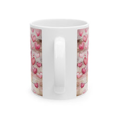 Pink Watercolor Hearts Mug , Rustic Wood Background Ceramic Mug , Valentines Day Love Letter Mug Romantic Gift for Her