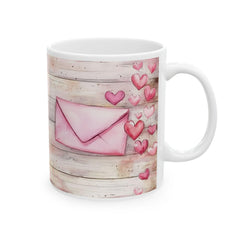 Pink Watercolor Hearts Mug , Rustic Wood Background Ceramic Mug , Valentines Day Love Letter Mug Romantic Gift for Her