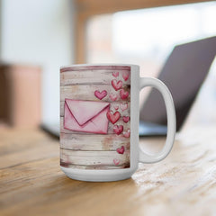Pink Watercolor Hearts Mug , Rustic Wood Background Ceramic Mug , Valentines Day Love Letter Mug Romantic Gift for Her