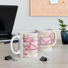 Pink Watercolor Hearts Mug , Rustic Wood Background Ceramic Mug , Valentines Day Love Letter Mug Romantic Gift for Her