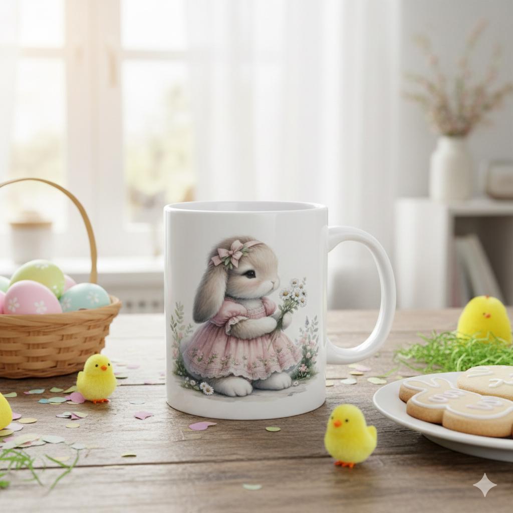 Watercolor Bunny Easter Mug, Floral Rabbit Coffee Cup , Spring Mug