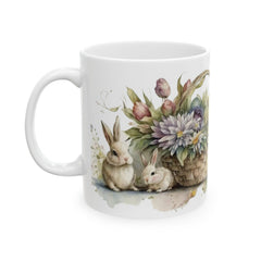 Watercolor Easter Bunny Mug, Cute Rabbit Coffee Cup with Spring Flowers, Easter Basket Filler for Kids, New Job Spring Gift