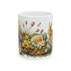 Watercolor Bunny in Flower Basket Mug, Easter Rabbit, Spring Meadow Floral Mug, Easter Gift for Daughter, Nature Inspired Bunny Cup