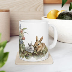 Watercolor Easter Bunny Mug, Cute Rabbit Coffee Cup with Spring Flowers, Easter Basket Filler for Kids, New Job Spring Gift