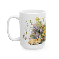 Watercolor Bunny in Flower Basket Mug, Easter Rabbit, Spring Meadow Floral Mug, Easter Gift for Daughter, Nature Inspired Bunny Cup