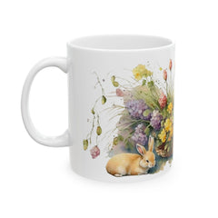 Watercolor Bunny in Flower Basket Mug, Easter Rabbit, Spring Meadow Floral Mug, Easter Gift for Daughter, Nature Inspired Bunny Cup
