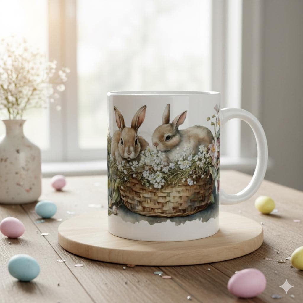 Bunnies in Basket Easter Mug, Watercolor Rabbit Coffee Cup, Spring Floral Mug, Cute Easter Gift for Kids, Adorable Bunny, Easter Decor