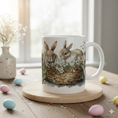 Bunnies in Basket Easter Mug, Watercolor Rabbit Coffee Cup, Spring Floral Mug, Cute Easter Gift for Kids, Adorable Bunny, Easter Decor