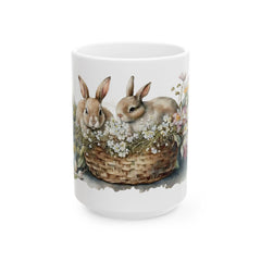 Bunnies in Basket Easter Mug, Watercolor Rabbit Coffee Cup, Spring Floral Mug, Cute Easter Gift for Kids, Adorable Bunny, Easter Decor