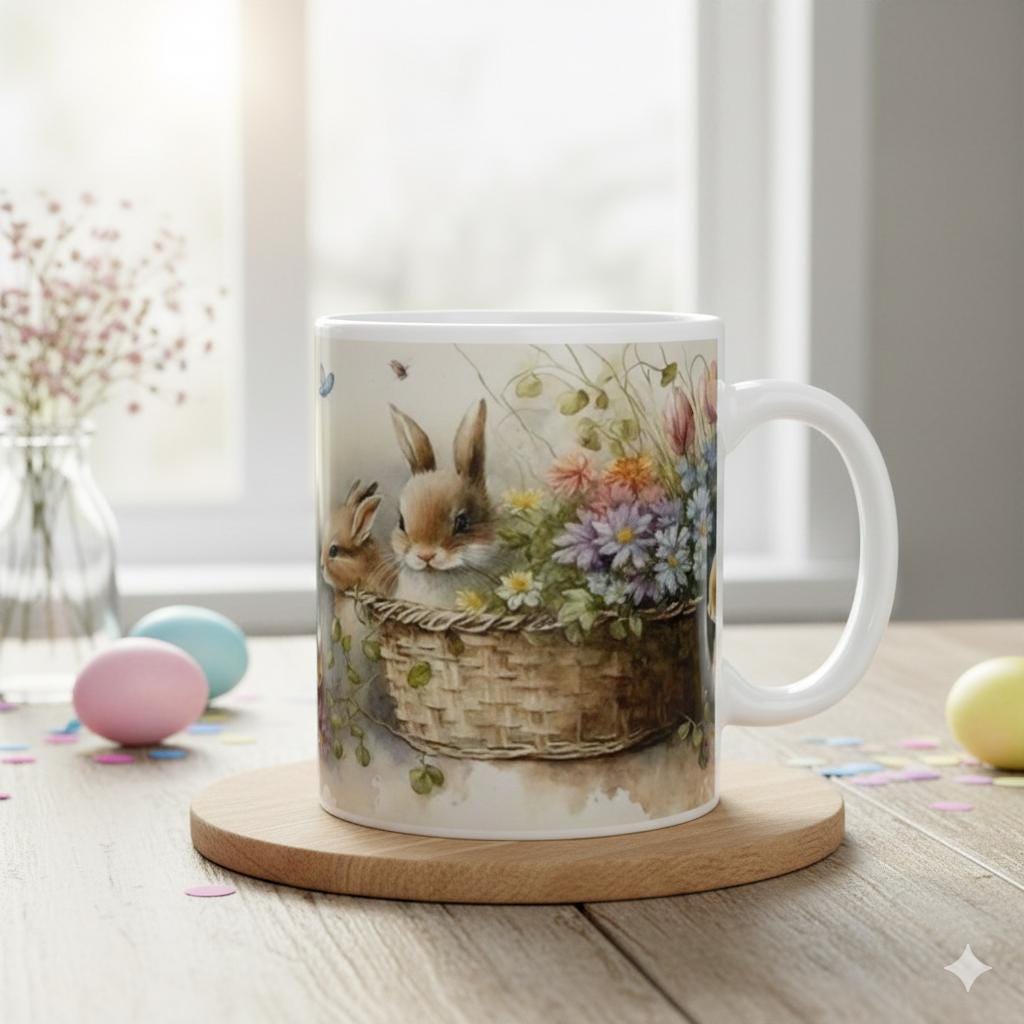 Bunnies in Floral Basket Mug, Watercolor Easter Coffee Cup, Cute Rabbit Spring Flowers Mug, Easter Gift for Her