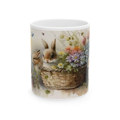 Bunnies in Floral Basket Mug, Watercolor Easter Coffee Cup, Cute Rabbit Spring Flowers Mug, Easter Gift for Her