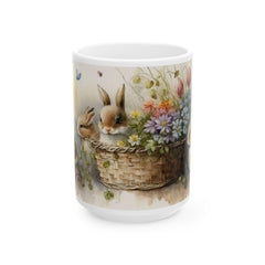 Bunnies in Floral Basket Mug, Watercolor Easter Coffee Cup, Cute Rabbit Spring Flowers Mug, Easter Gift for Her