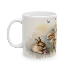 Bunnies in Floral Basket Mug, Watercolor Easter Coffee Cup, Cute Rabbit Spring Flowers Mug, Easter Gift for Her