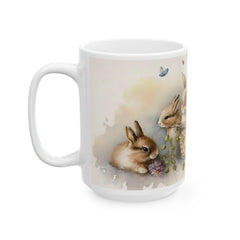 Bunnies in Floral Basket Mug, Watercolor Easter Coffee Cup, Cute Rabbit Spring Flowers Mug, Easter Gift for Her
