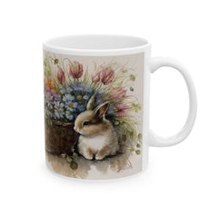 Bunnies in Floral Basket Mug, Watercolor Easter Coffee Cup, Cute Rabbit Spring Flowers Mug, Easter Gift for Her