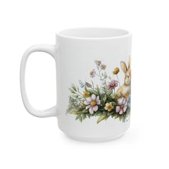 Three Little Bunnies Easter Mug, Watercolor Rabbit Family Coffee Cup, Spring Floral Garden Mug, Easter Gift for Kids, Aesthetic Holiday Gift