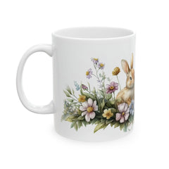 Three Little Bunnies Easter Mug, Watercolor Rabbit Family Coffee Cup, Spring Floral Garden Mug, Easter Gift for Kids, Aesthetic Holiday Gift
