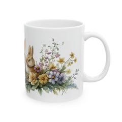 Three Little Bunnies Easter Mug, Watercolor Rabbit Family Coffee Cup, Spring Floral Garden Mug, Easter Gift for Kids, Aesthetic Holiday Gift