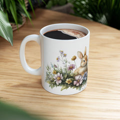 Three Little Bunnies Easter Mug, Watercolor Rabbit Family Coffee Cup, Spring Floral Garden Mug, Easter Gift for Kids, Aesthetic Holiday Gift