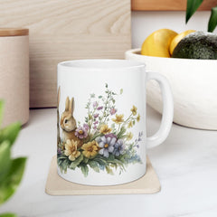 Three Little Bunnies Easter Mug, Watercolor Rabbit Family Coffee Cup, Spring Floral Garden Mug, Easter Gift for Kids, Aesthetic Holiday Gift